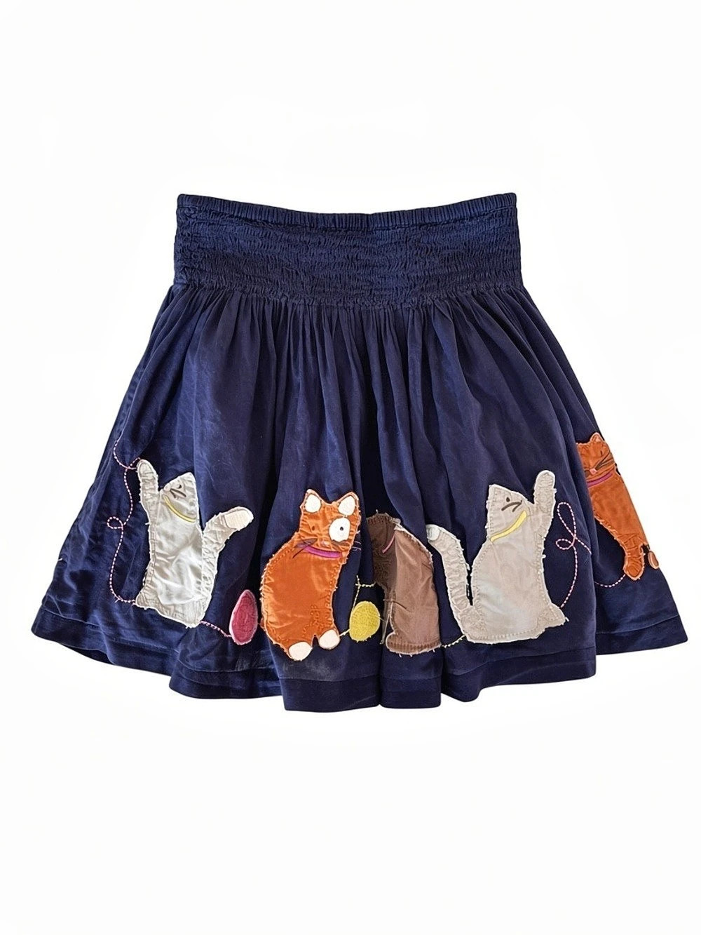 Mini Boden Girls 5-6Y Navy Cat Applique Skirt Smocked Waist Lined Yarn Balls EUC